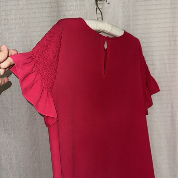 Ann Taylor L Fuchsia Pink Crew Back Button Keyhole Gathered Short Sleeve Blouse - Picture 4 of 7
